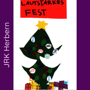 Ein gebastelter Weihnachtsbaum auf Lila Hintergrund. Überschrift in einem roten Kasten: Lautstarkes Fest