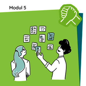 Grafik von zwei Personen die gemeinsam vor einer Wand mit Zetteln stehen und sich darüber austauschen Illustration: Zwei Personen planen etwas mit Post-Its an einer Wand