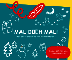 weihnachtliche Symbole sind um einen Titel herum platziert. Titel: Mal doch Mal! Malwettbewerb für die Bambini-Gruppen